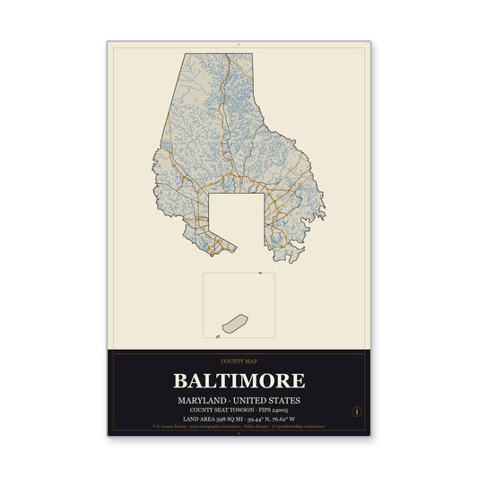 Baltimore County, Maryland Map Aluminum Sign in Museum Plaque style