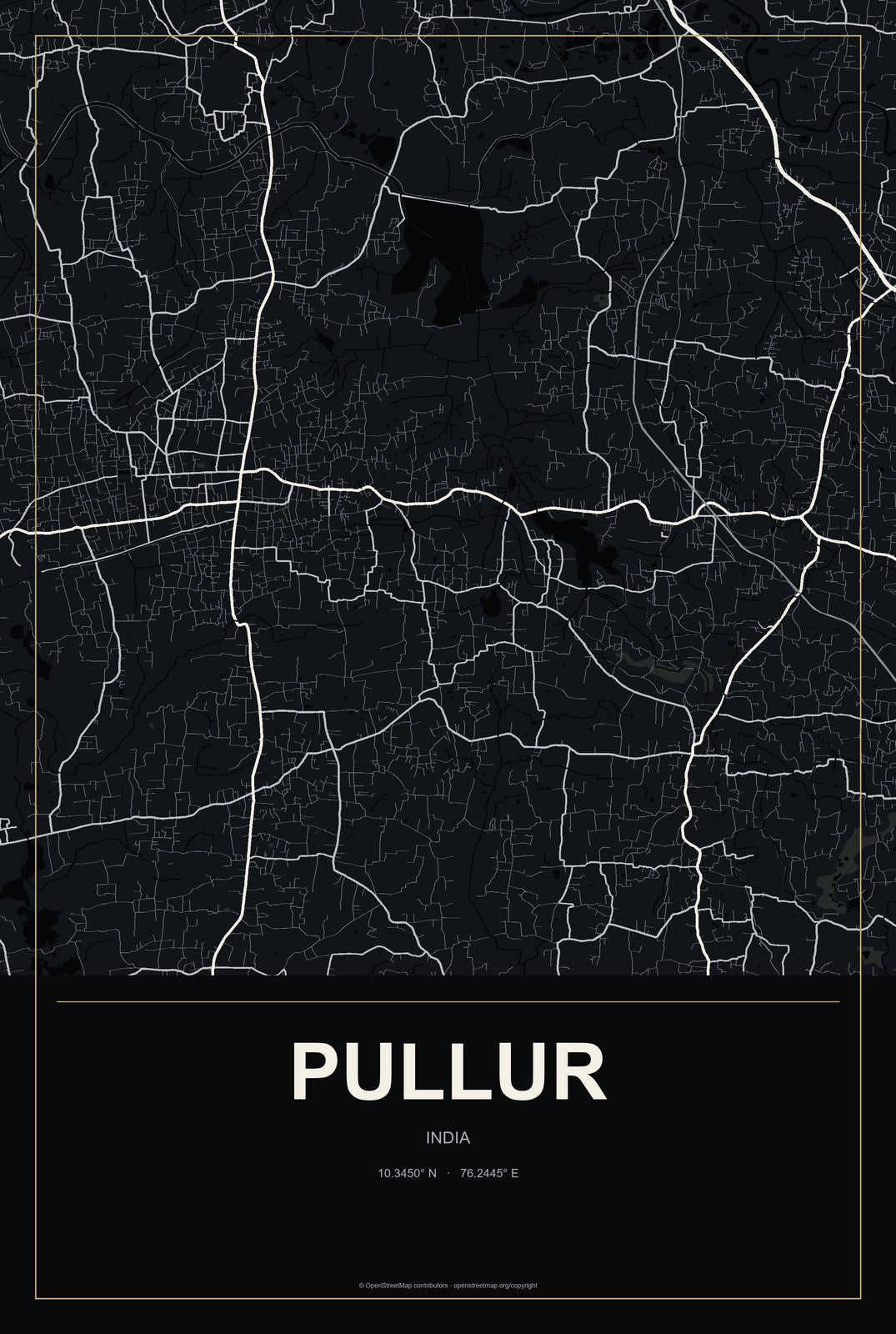 Pullur, India City Map Aluminum Sign in Metropolitan Noir style