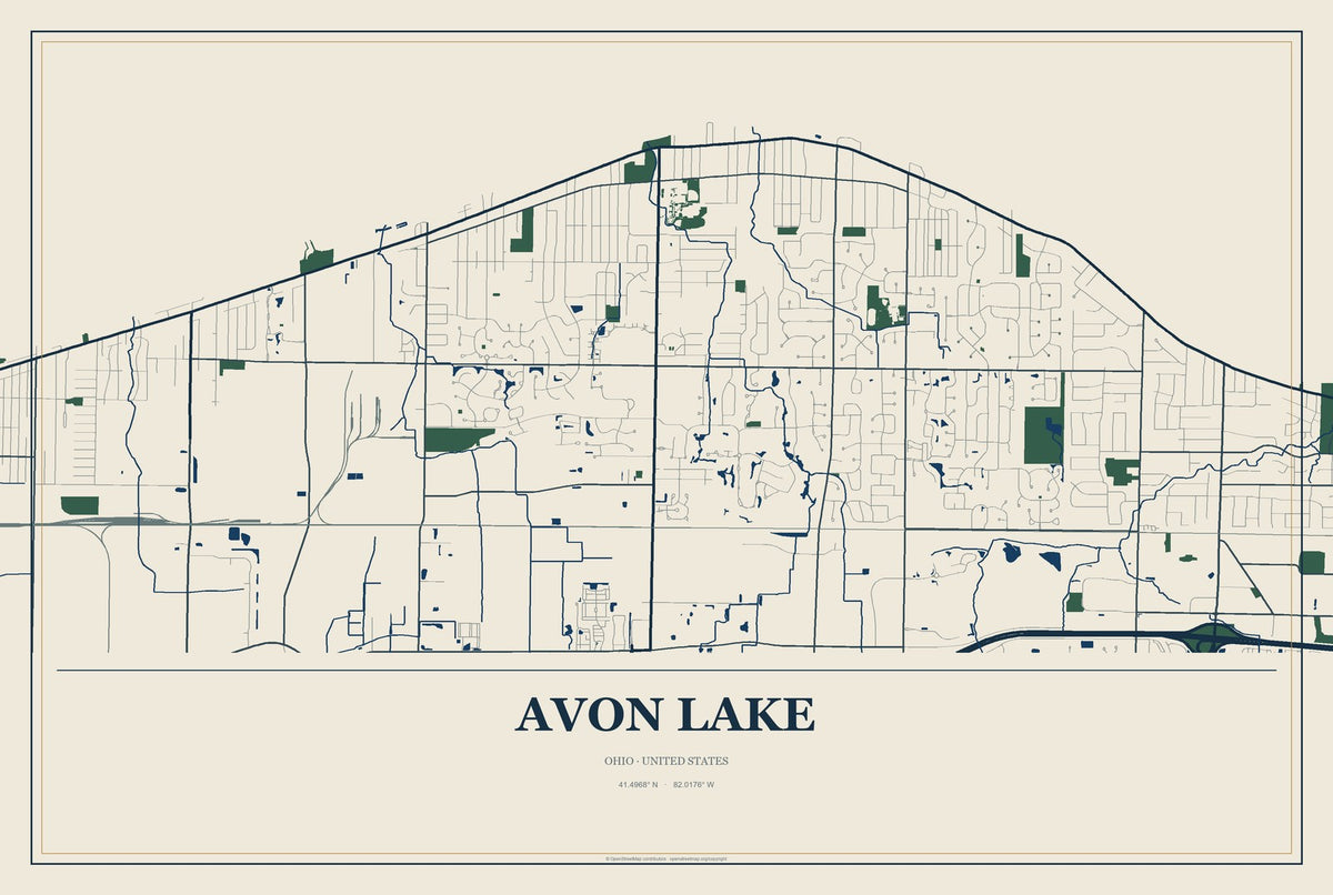 Avon Lake, Ohio City Map Aluminum Sign in Coastal Cutout style