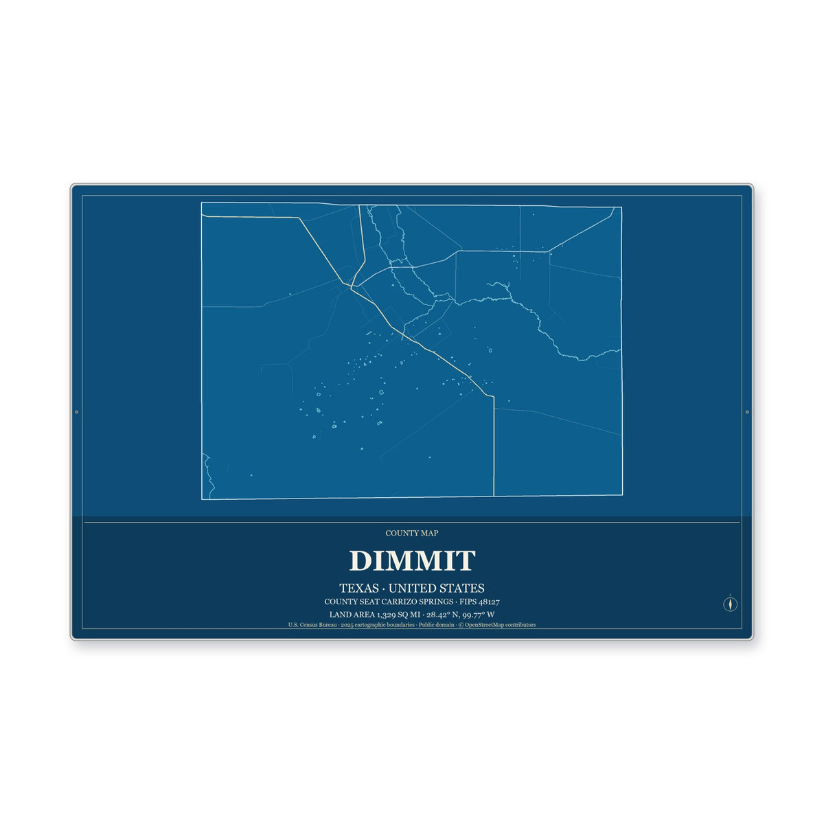 Dimmit County, Texas Map Aluminum Sign in Harbor Cobalt style