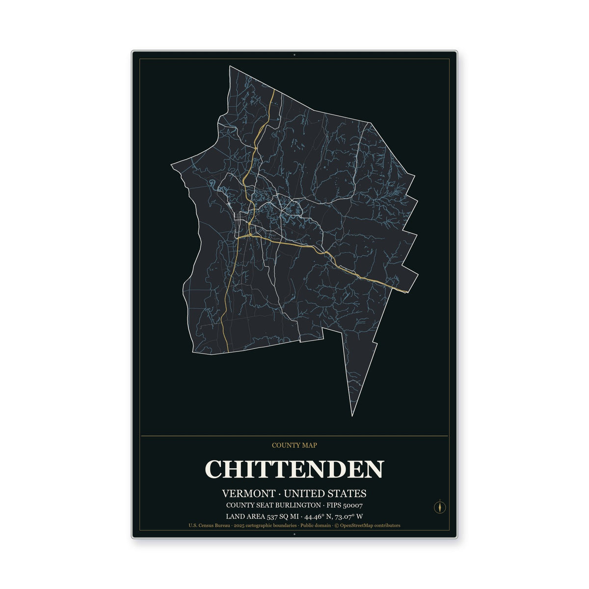 Chittenden County, Vermont Map Aluminum Sign in Metropolitan Noir style