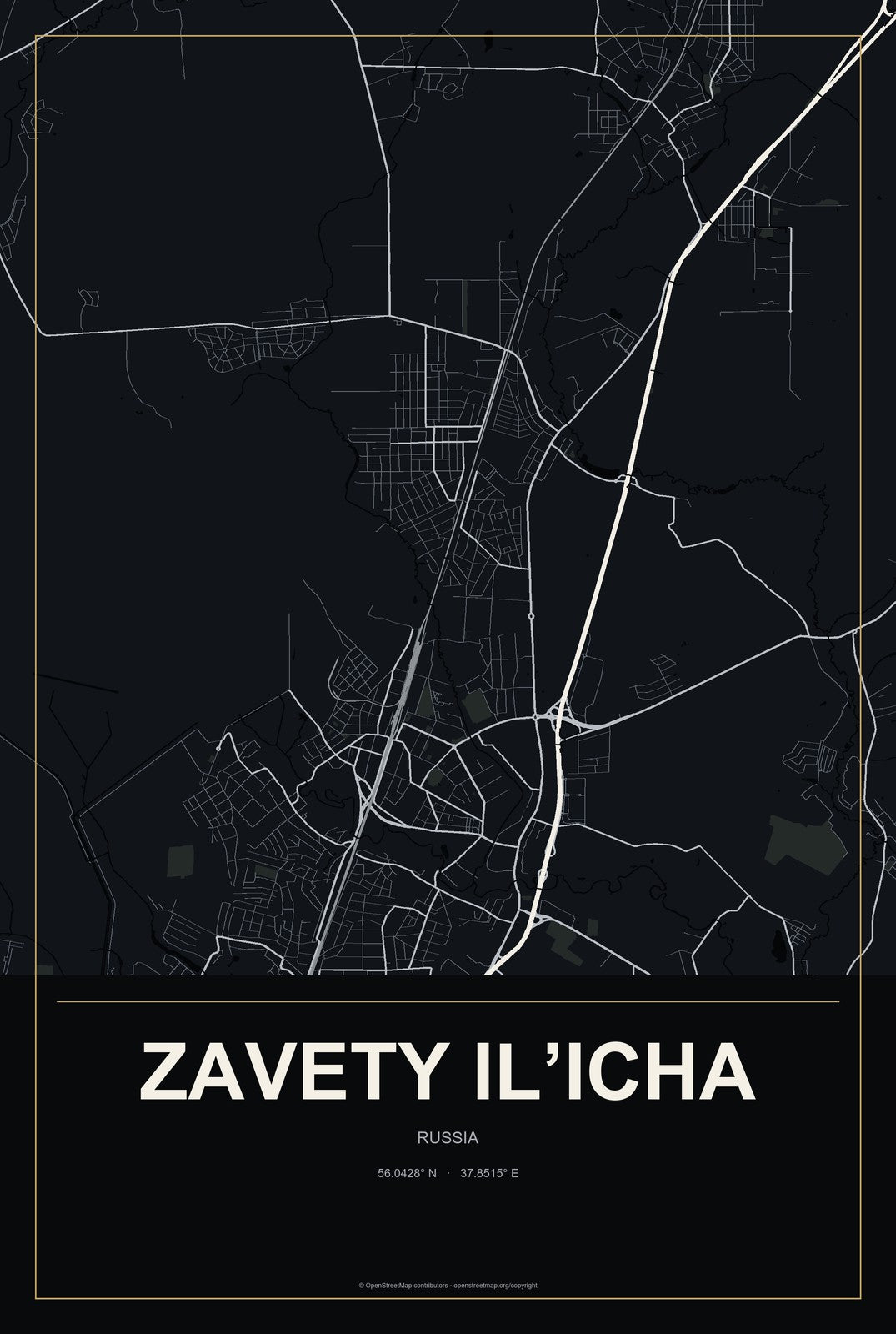 Zavety Il’icha, Russia City Map Aluminum Sign in Metropolitan Noir style