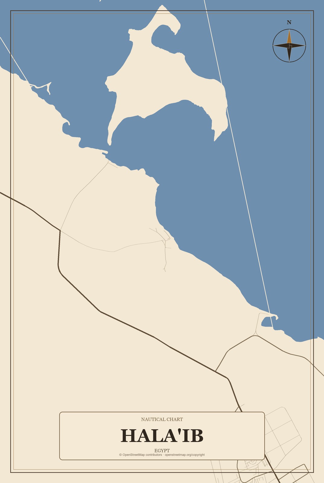 Hala'ib, Egypt City Map Aluminum Sign in Heritage Nautical style