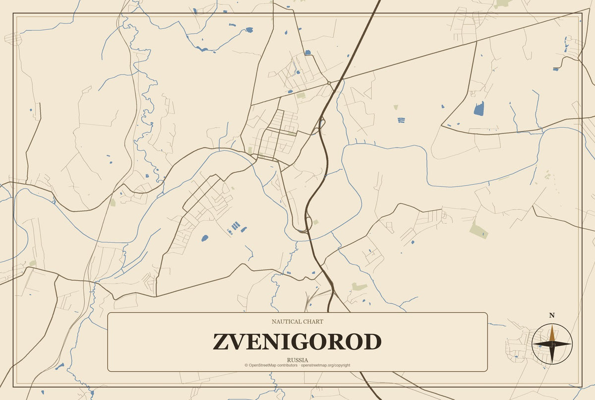 Zvenigorod, Russia City Map Aluminum Sign in Heritage Nautical style