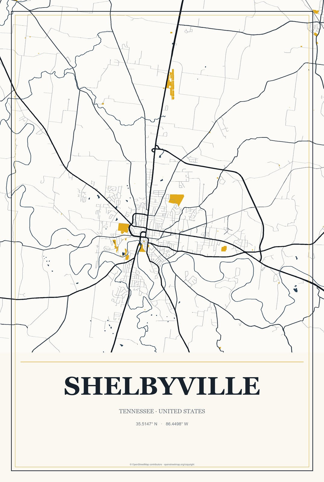 Shelbyville, Tennessee City Map Aluminum Sign in Citrine Modern style