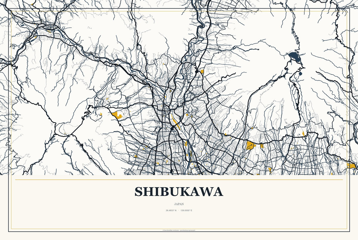 Shibukawa, Japan City Map Aluminum Sign in Citrine Modern style