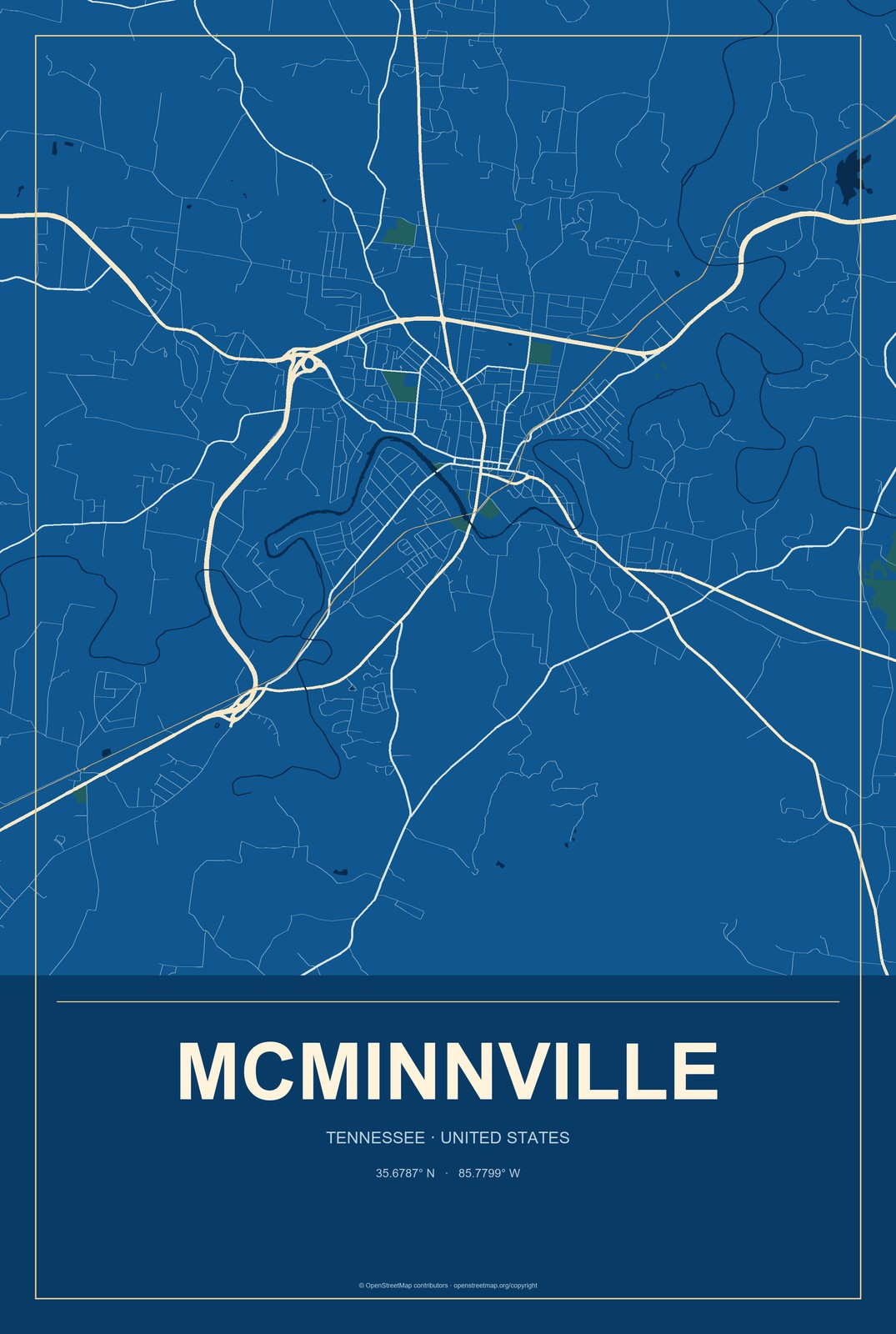 McMinnville, Tennessee City Map Aluminum Sign in Harbor Cobalt style