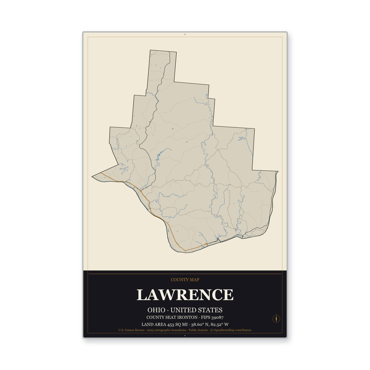 Lawrence County, Ohio Map Aluminum Sign in Museum Plaque style