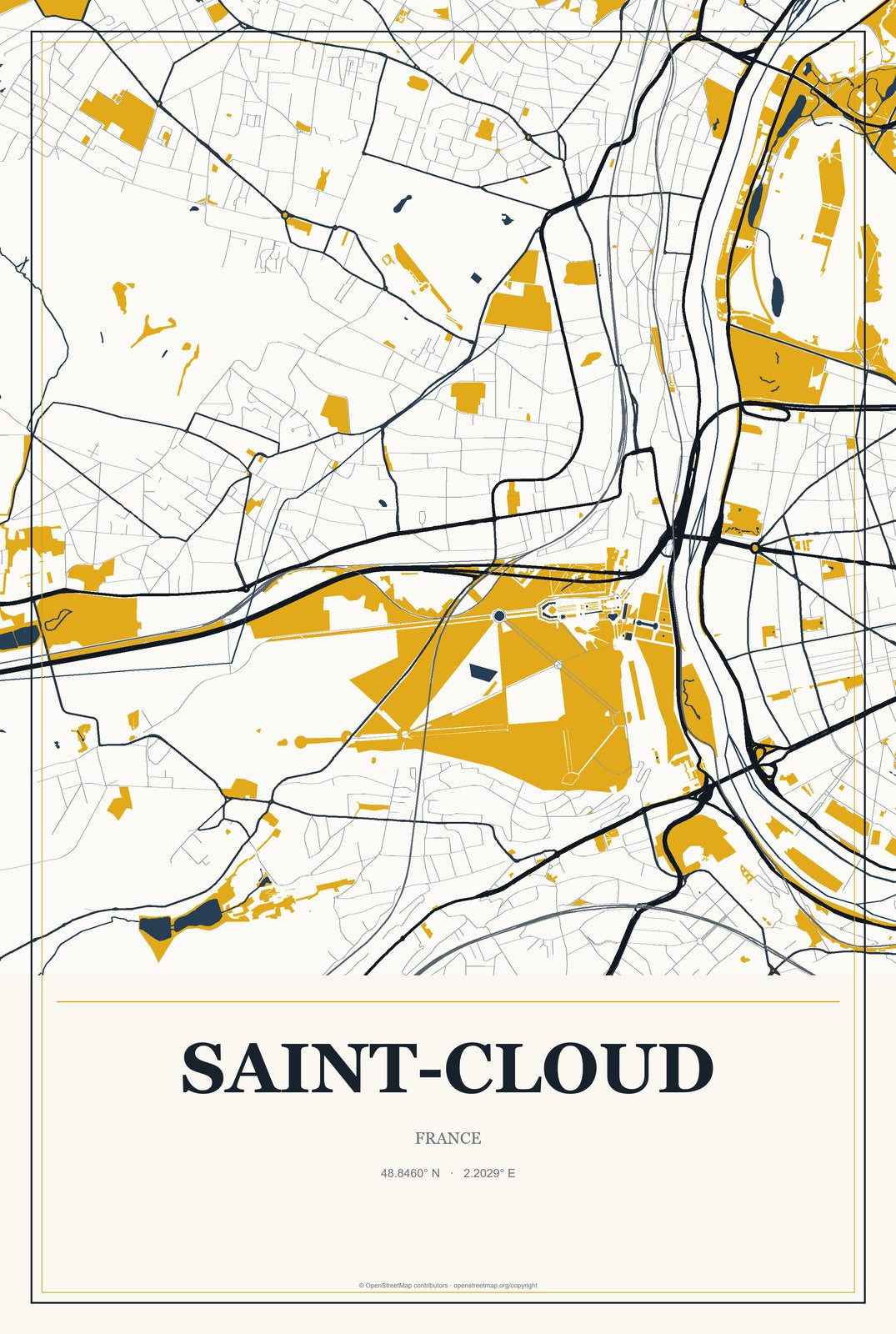 Saint-Cloud, France City Map Aluminum Sign in Citrine Modern style