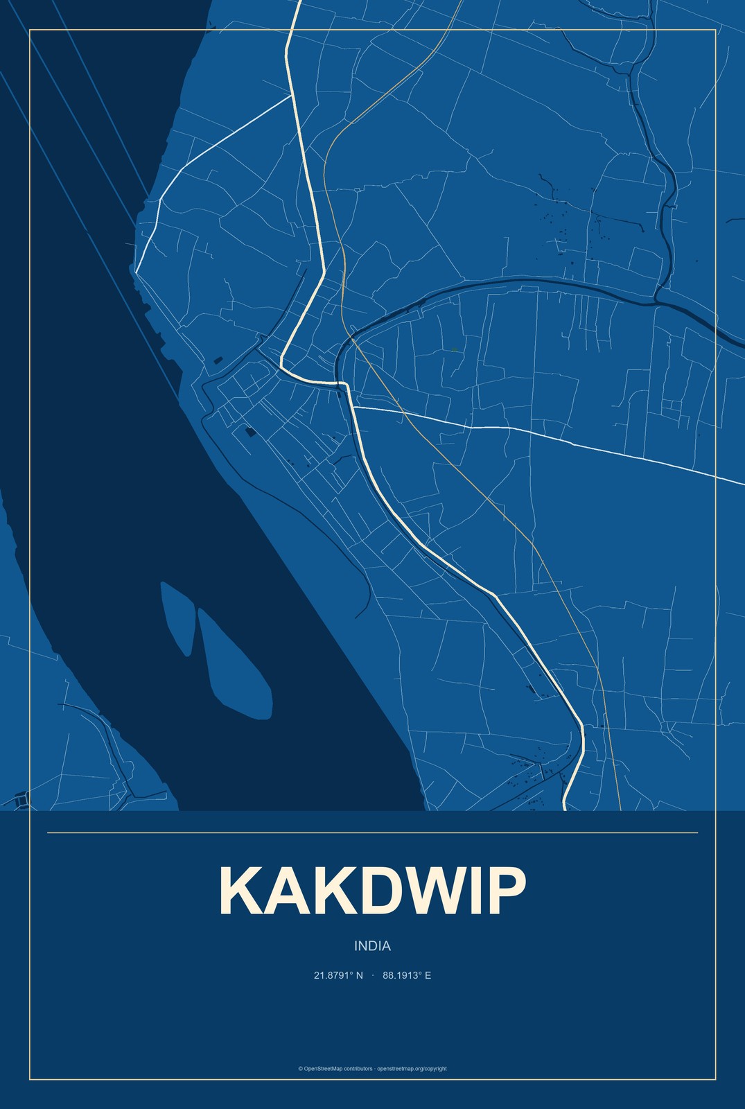 Kakdwip, India City Map Aluminum Sign in Harbor Cobalt style