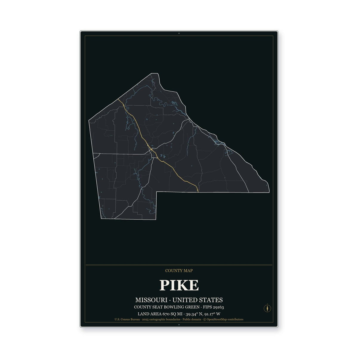 Pike County, Missouri Map Aluminum Sign in Metropolitan Noir style
