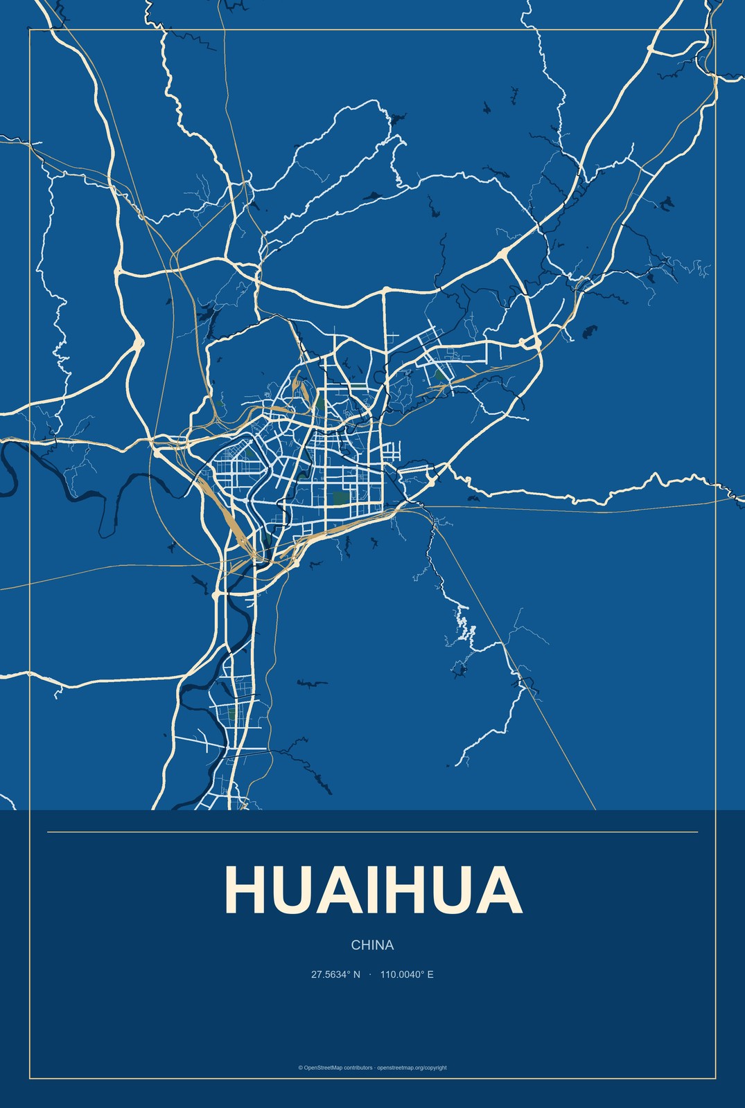 Huaihua, China City Map Aluminum Sign in Harbor Cobalt style