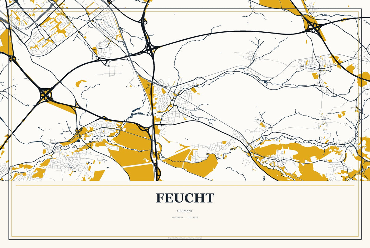 Feucht, Germany City Map Aluminum Sign in Citrine Modern style