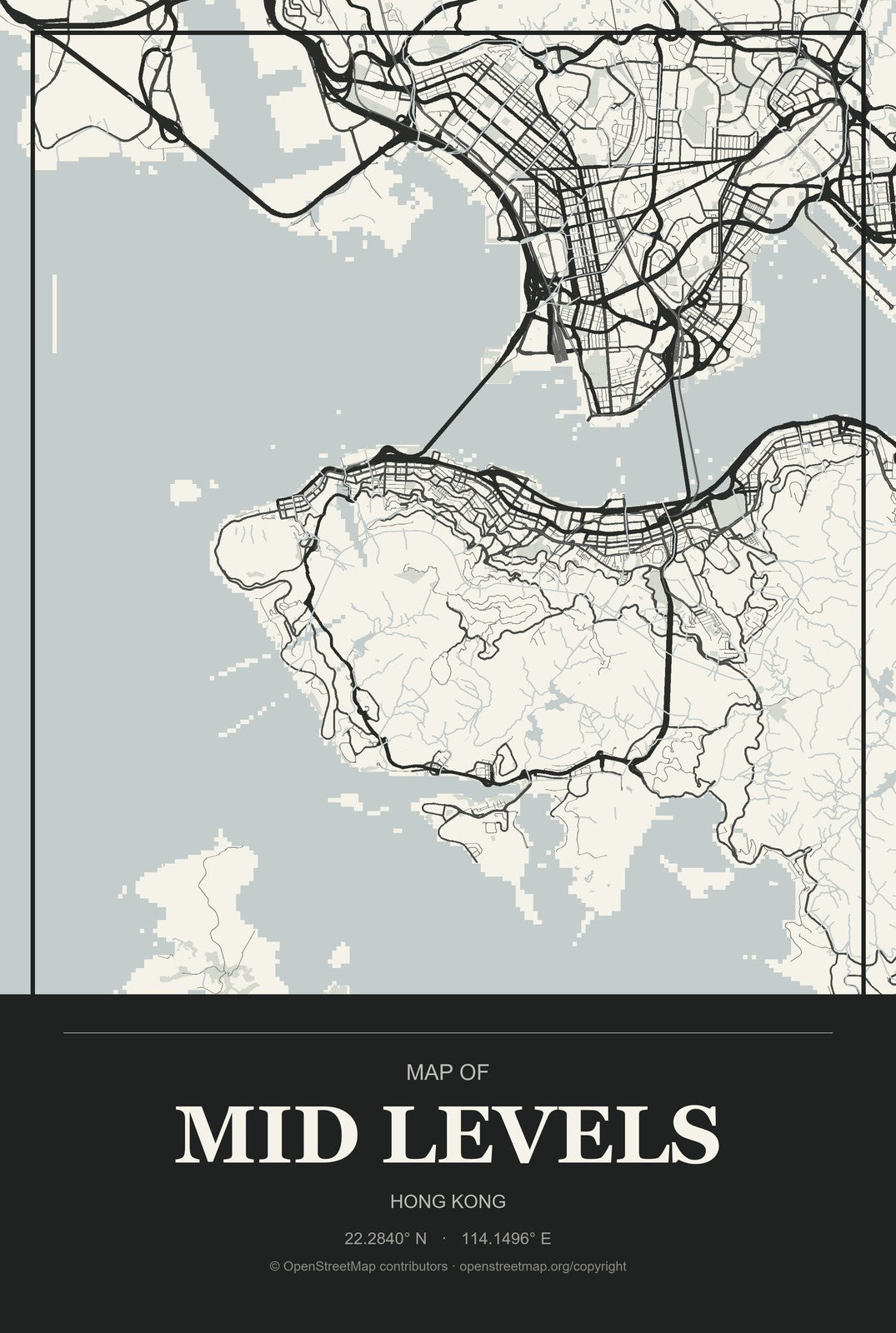 Mid Levels, Hong Kong City Map Aluminum Sign in Museum Plaque style