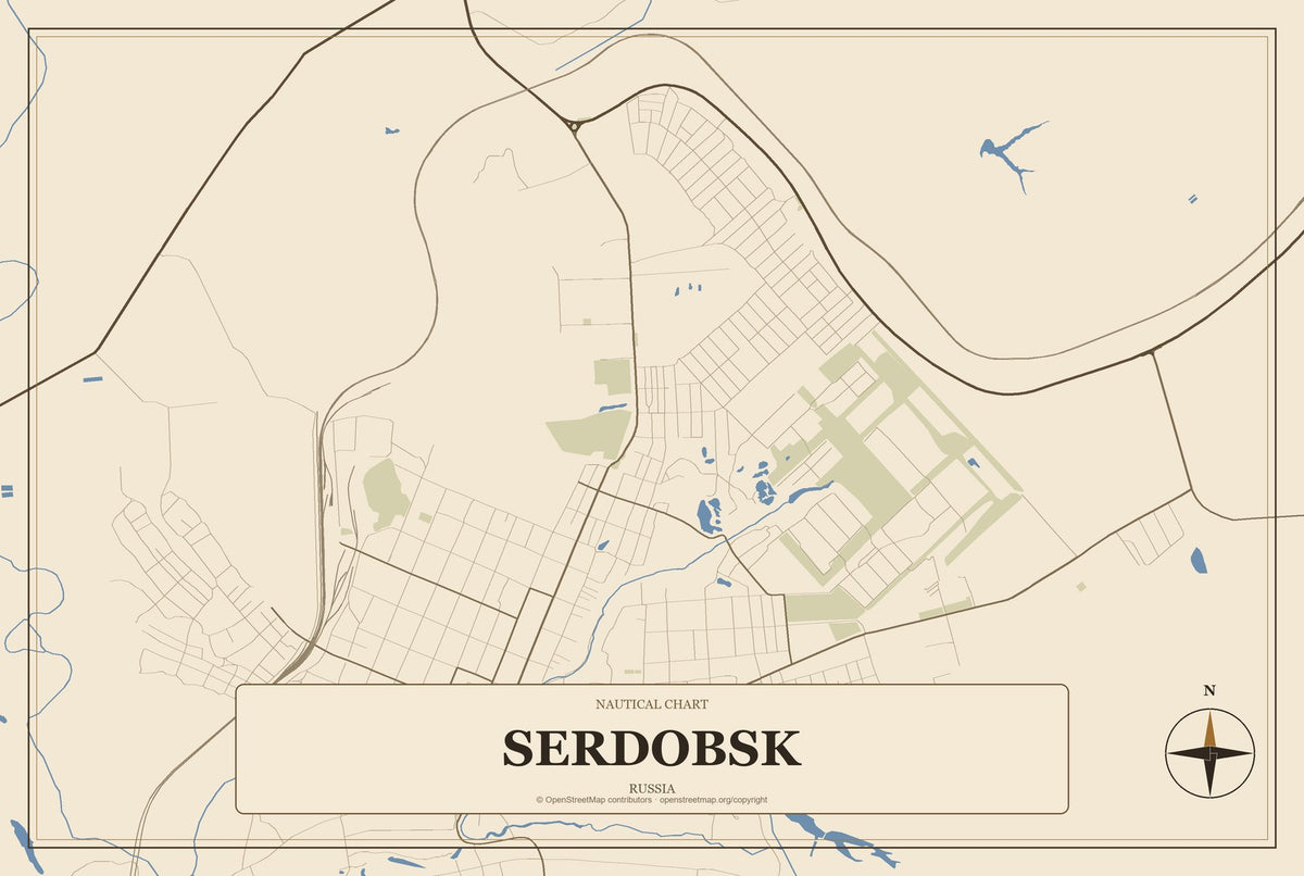 Serdobsk, Russia City Map Aluminum Sign in Heritage Nautical style