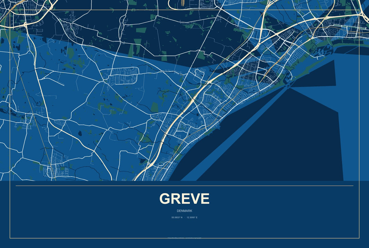 Greve, Denmark City Map Aluminum Sign in Harbor Cobalt style