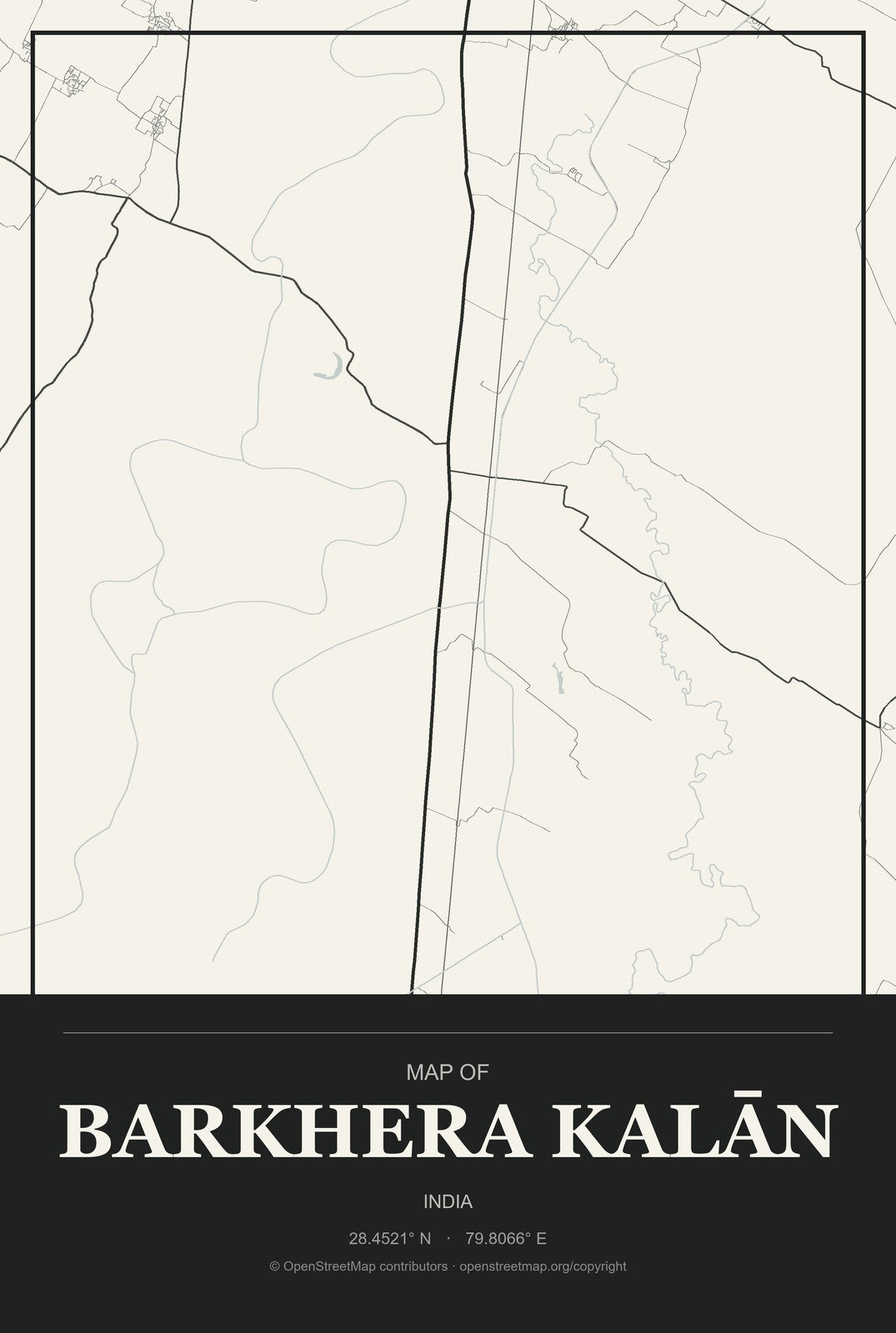 Barkhera Kalān, India City Map Aluminum Sign in Museum Plaque style