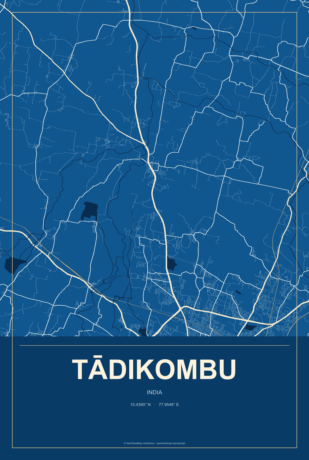Tādikombu, India City Map Aluminum Sign in Harbor Cobalt style