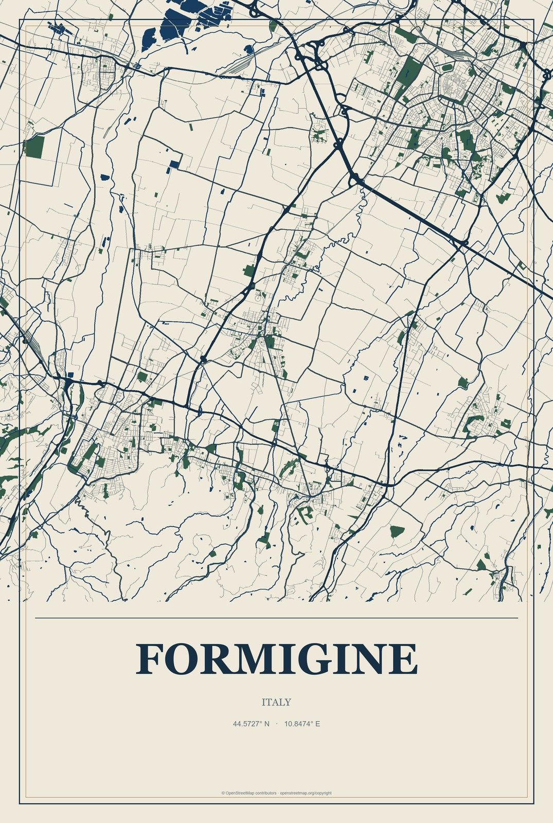 Formigine, Italy City Map Aluminum Sign in Coastal Cutout style