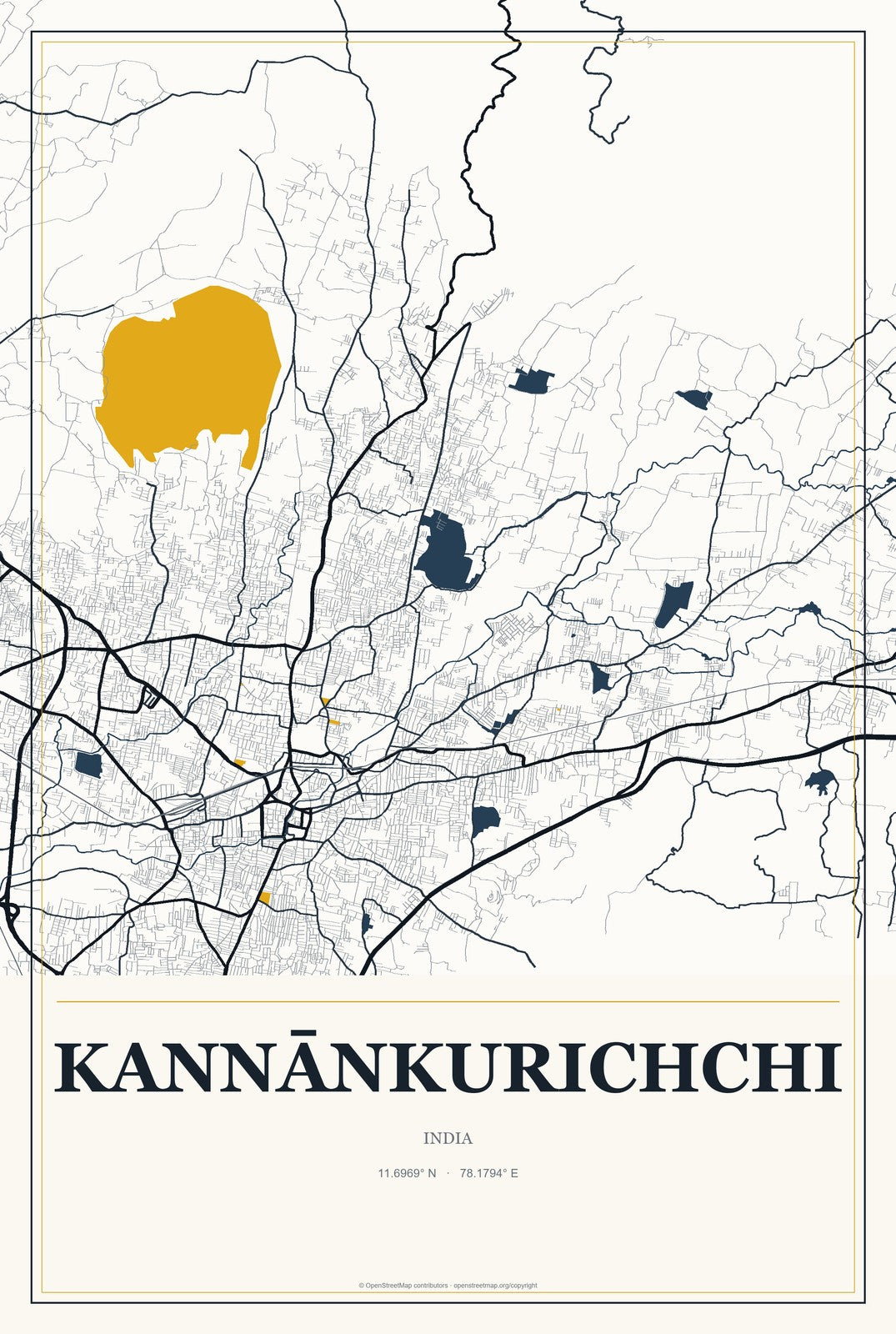 Kannānkurichchi, India City Map Aluminum Sign in Citrine Modern style