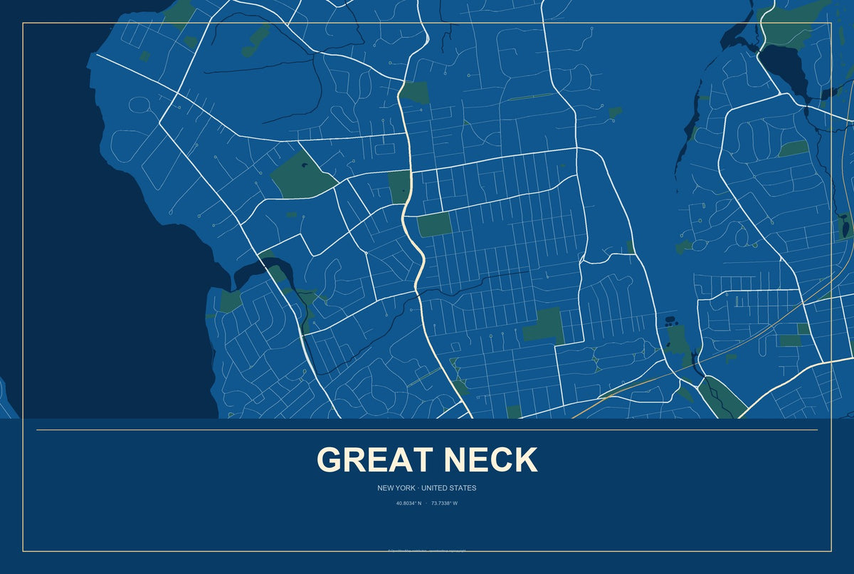Great Neck, New York City Map Aluminum Sign in Harbor Cobalt style