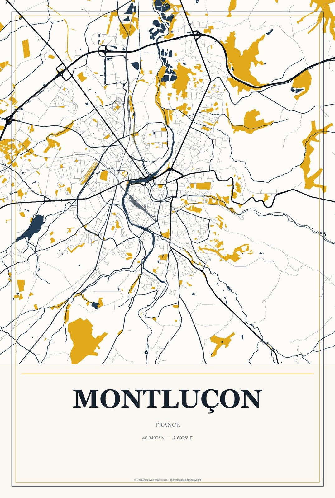 Montluçon, France City Map Aluminum Sign in Citrine Modern style