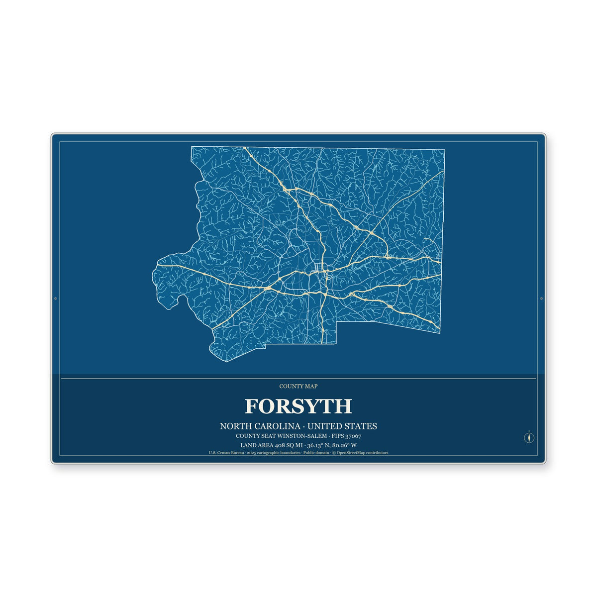 Forsyth County, North Carolina Map Aluminum Sign in Harbor Cobalt style