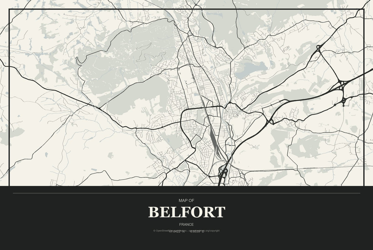 Belfort, France City Map Aluminum Sign in Museum Plaque style
