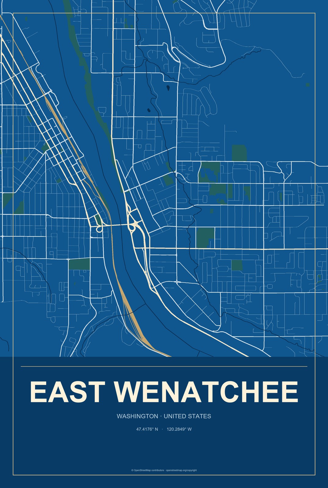 East Wenatchee, Washington City Map Aluminum Sign in Harbor Cobalt style
