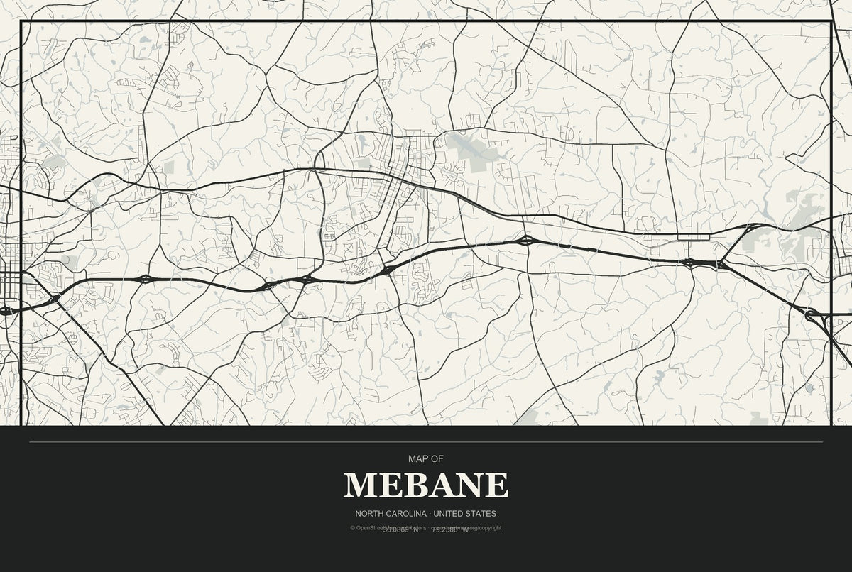 Mebane, North Carolina City Map Aluminum Sign in Museum Plaque style