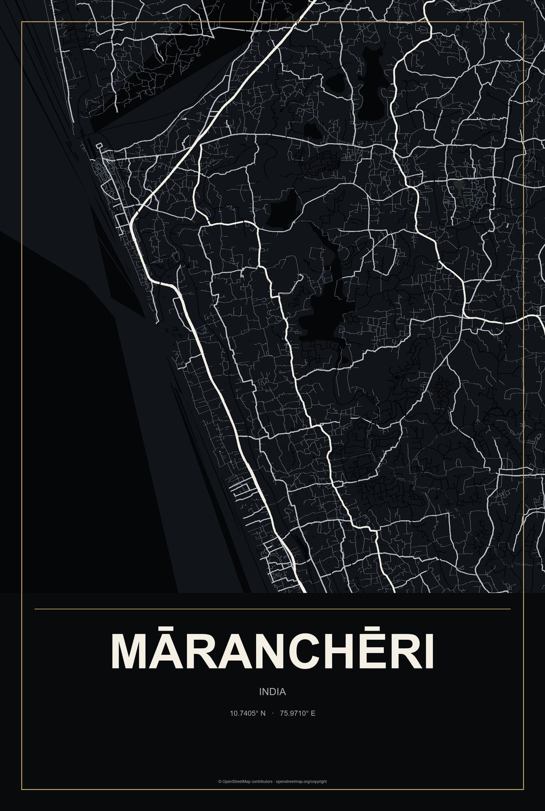 Māranchēri, India City Map Aluminum Sign in Metropolitan Noir style