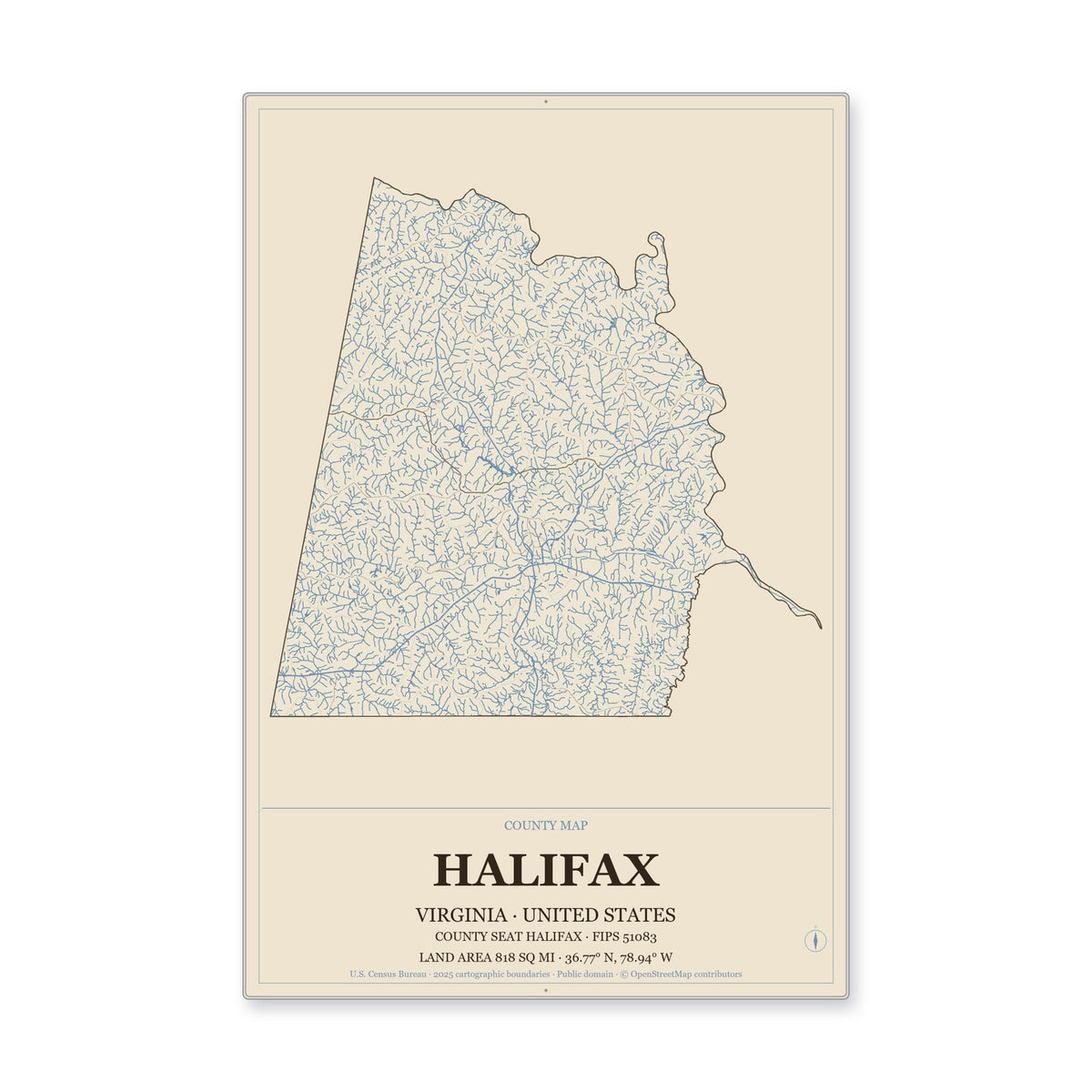 Halifax County, Virginia Map Aluminum Sign in Heritage Nautical style