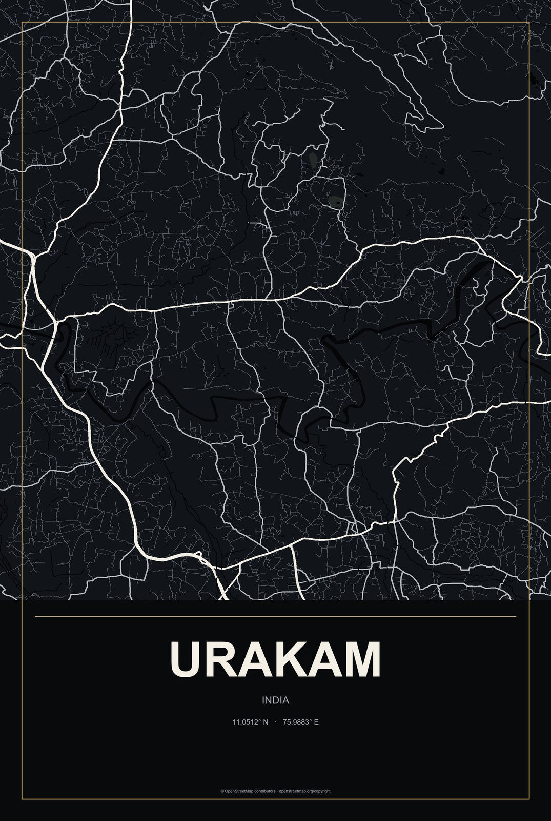 Urakam, India City Map Aluminum Sign in Metropolitan Noir style