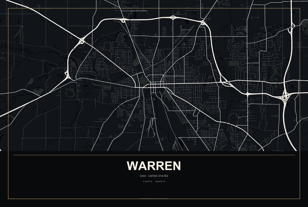 Warren, Ohio City Map Aluminum Sign in Metropolitan Noir style