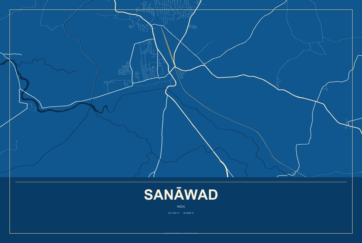 Sanāwad, India City Map Aluminum Sign in Harbor Cobalt style