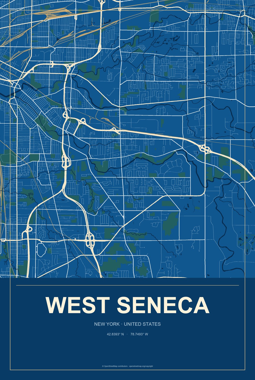 West Seneca, New York City Map Aluminum Sign in Harbor Cobalt style