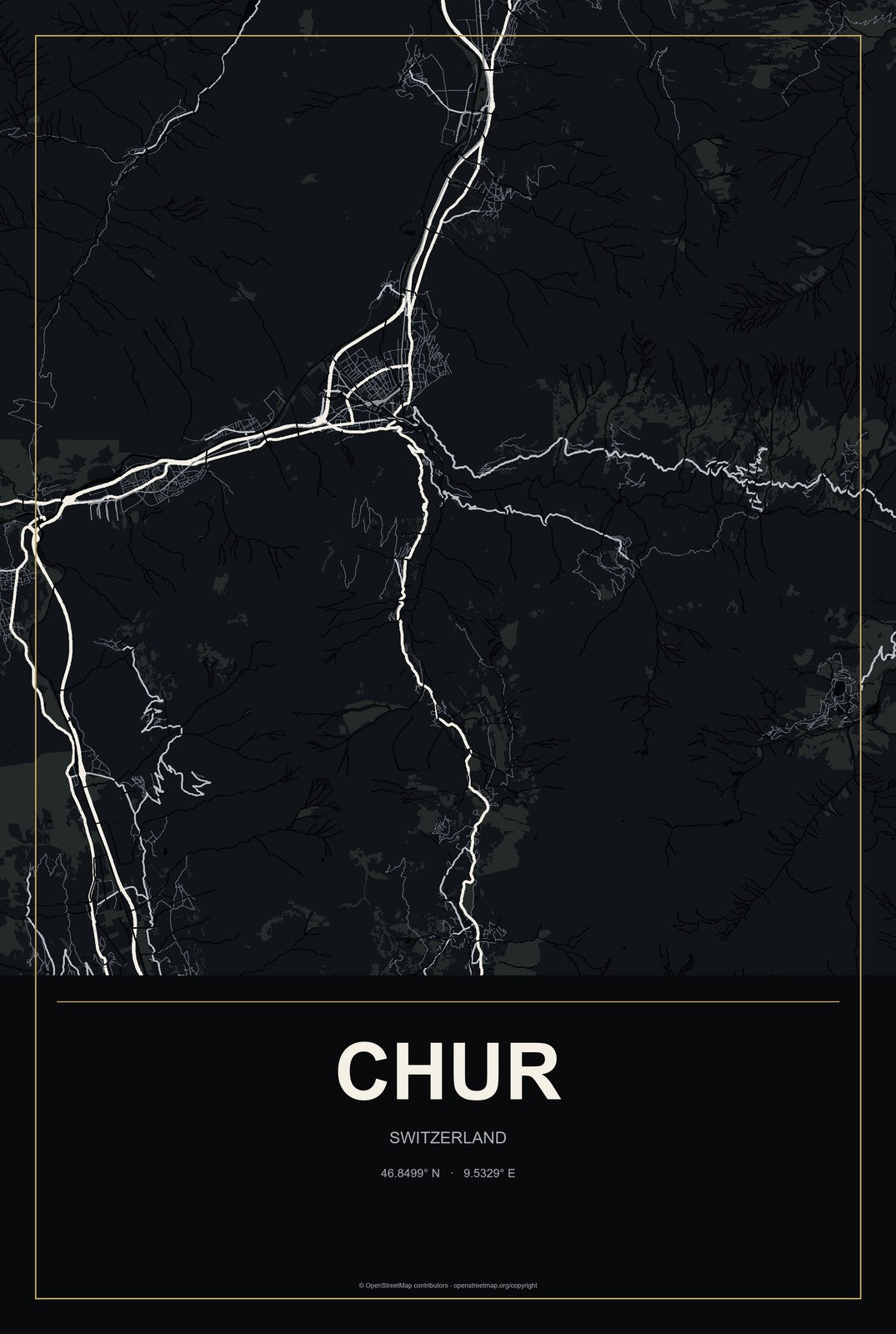 Chur, Switzerland City Map Aluminum Sign in Metropolitan Noir style