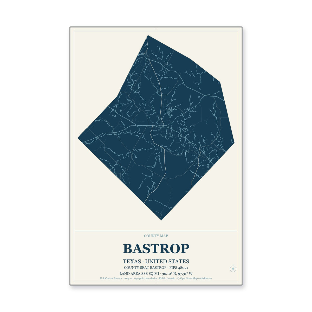 Bastrop County, Texas Map Aluminum Sign in Coastal Cutout style