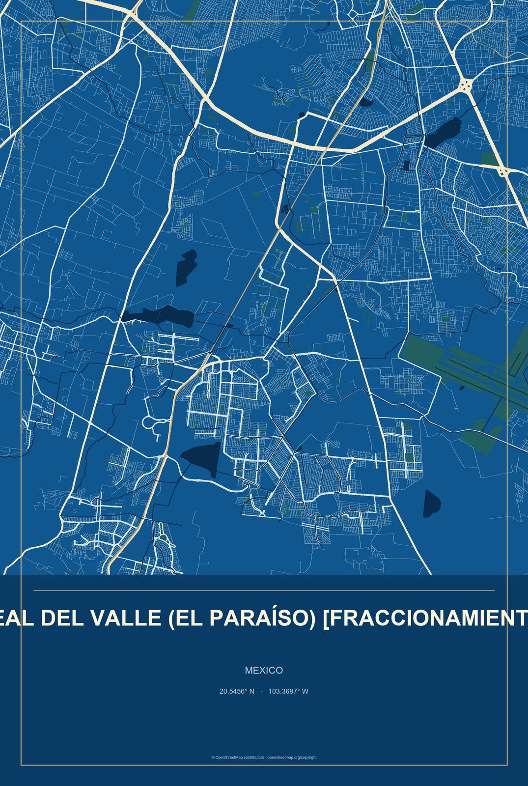Real del Valle (El Paraíso) [Fraccionamiento], Mexico City Map Aluminum Sign in Harbor Cobalt style