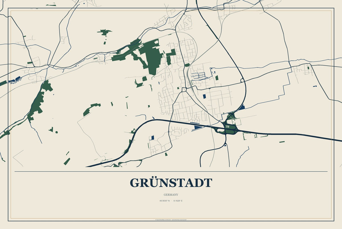 Grünstadt, Germany City Map Aluminum Sign in Coastal Cutout style