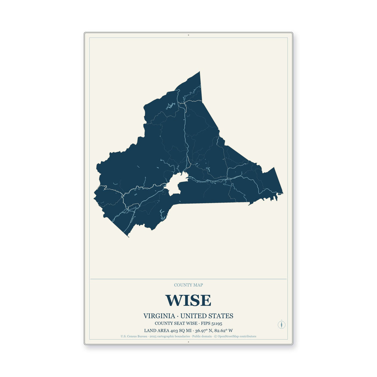 Wise County, Virginia Map Aluminum Sign in Coastal Cutout style