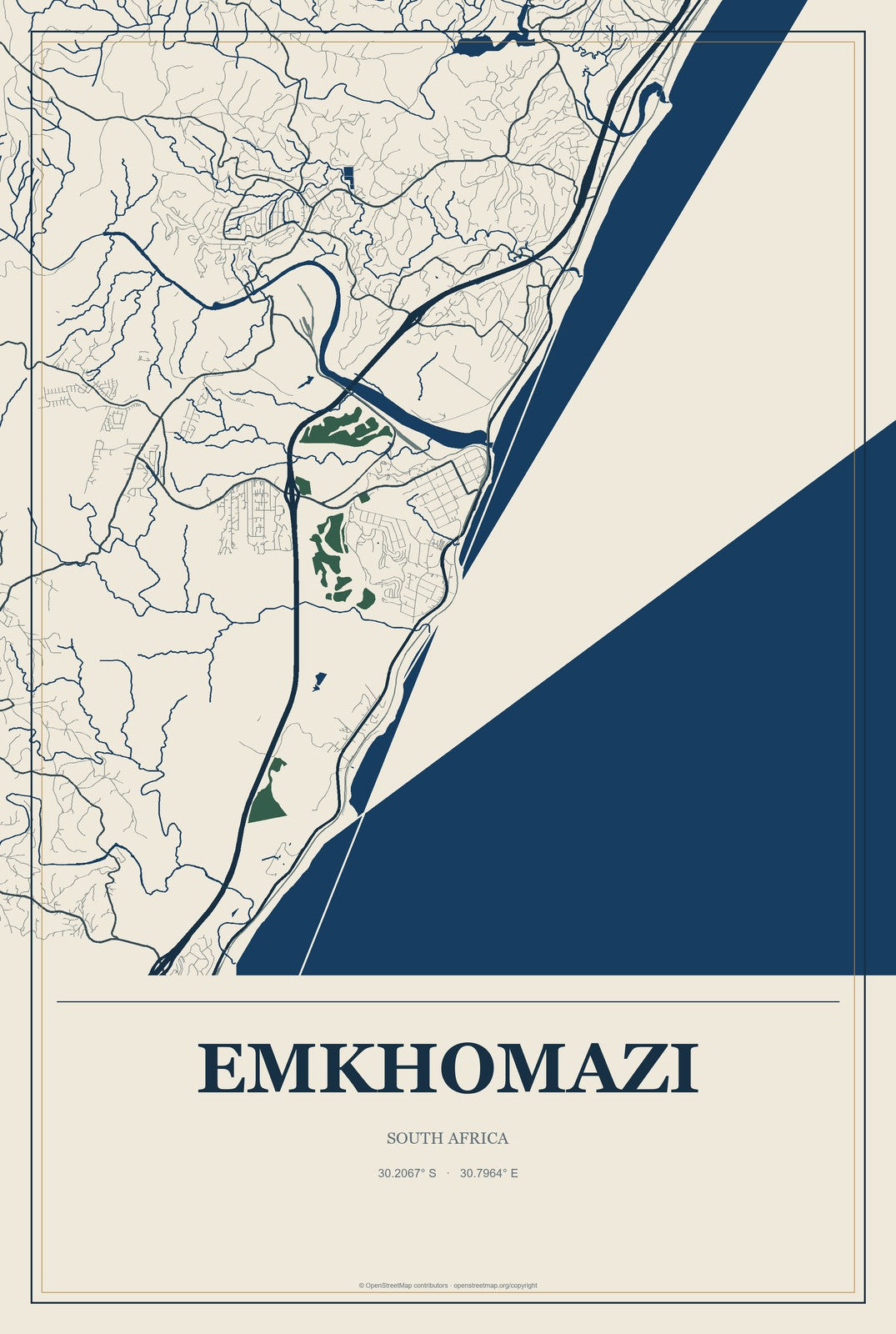 eMkhomazi, South Africa City Map Aluminum Sign in Coastal Cutout style