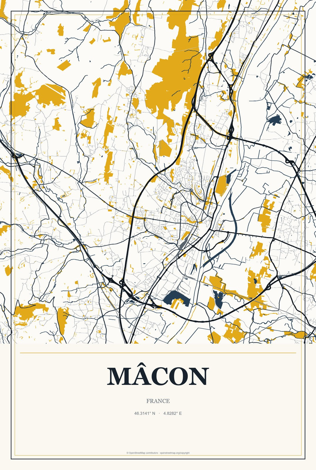 Mâcon, France City Map Aluminum Sign in Citrine Modern style