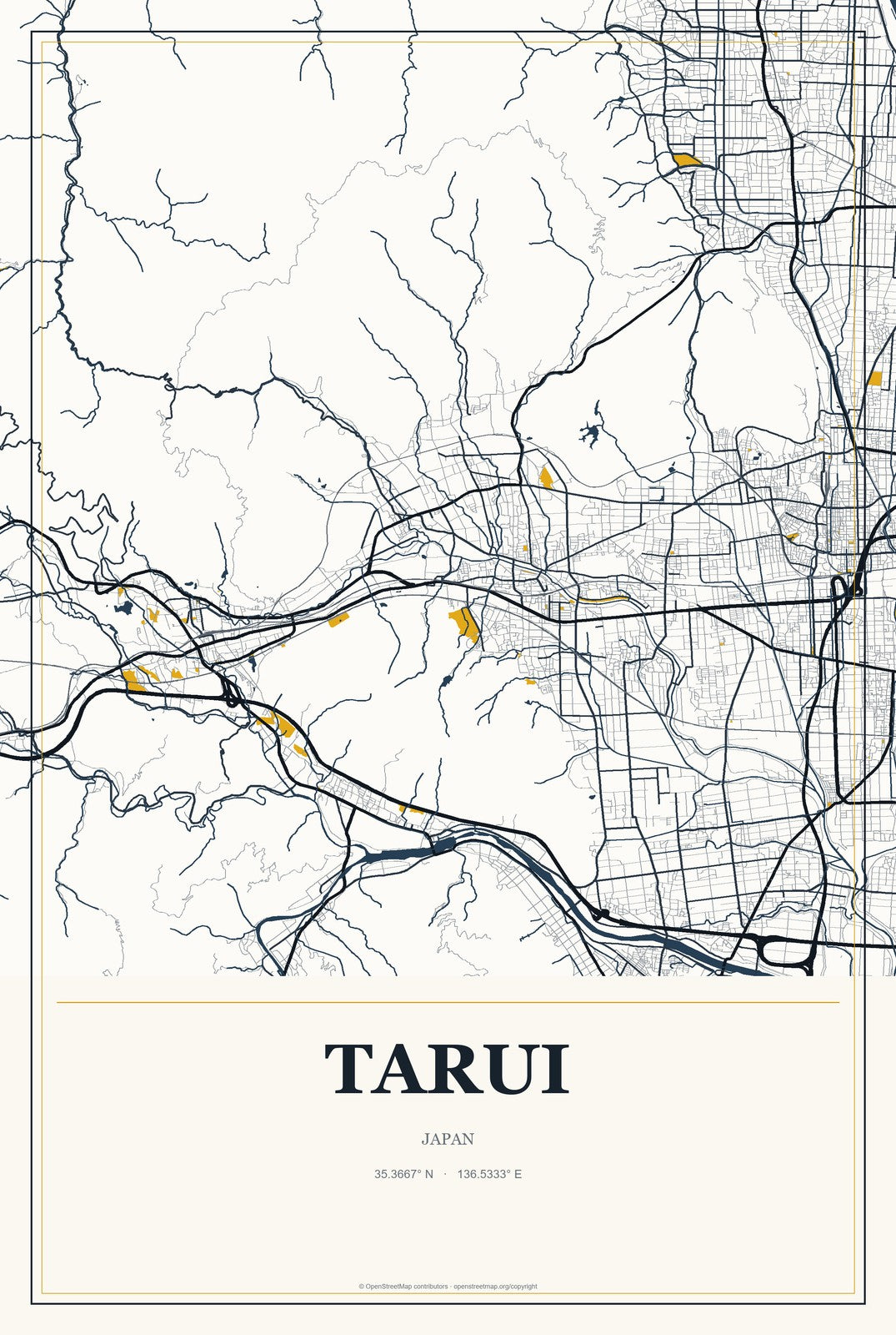 Tarui, Japan City Map Aluminum Sign in Citrine Modern style