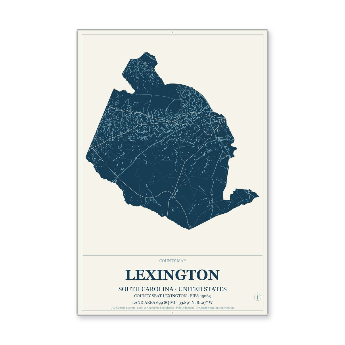 Lexington County, South Carolina Map Aluminum Sign in Coastal Cutout style