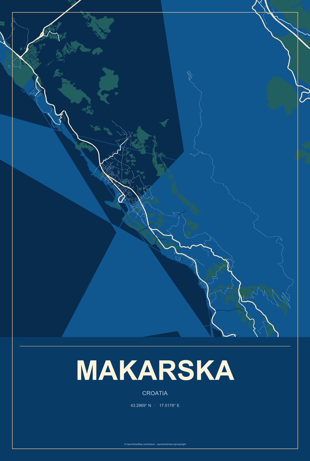 Makarska, Croatia City Map Aluminum Sign in Harbor Cobalt style