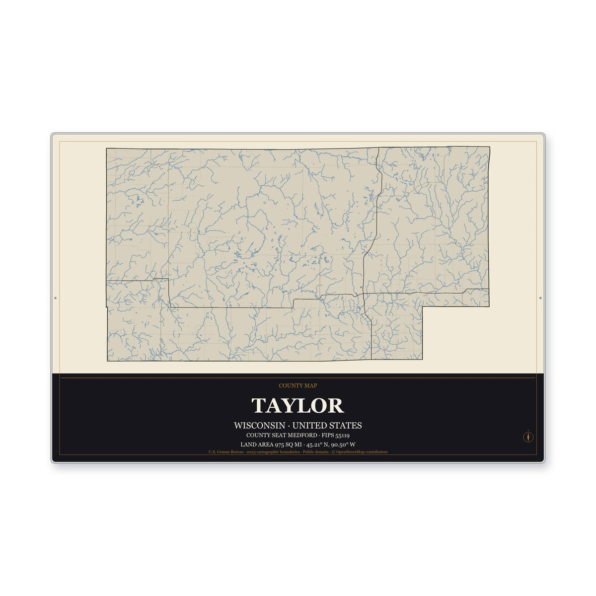 Taylor County, Wisconsin Map Aluminum Sign in Museum Plaque style