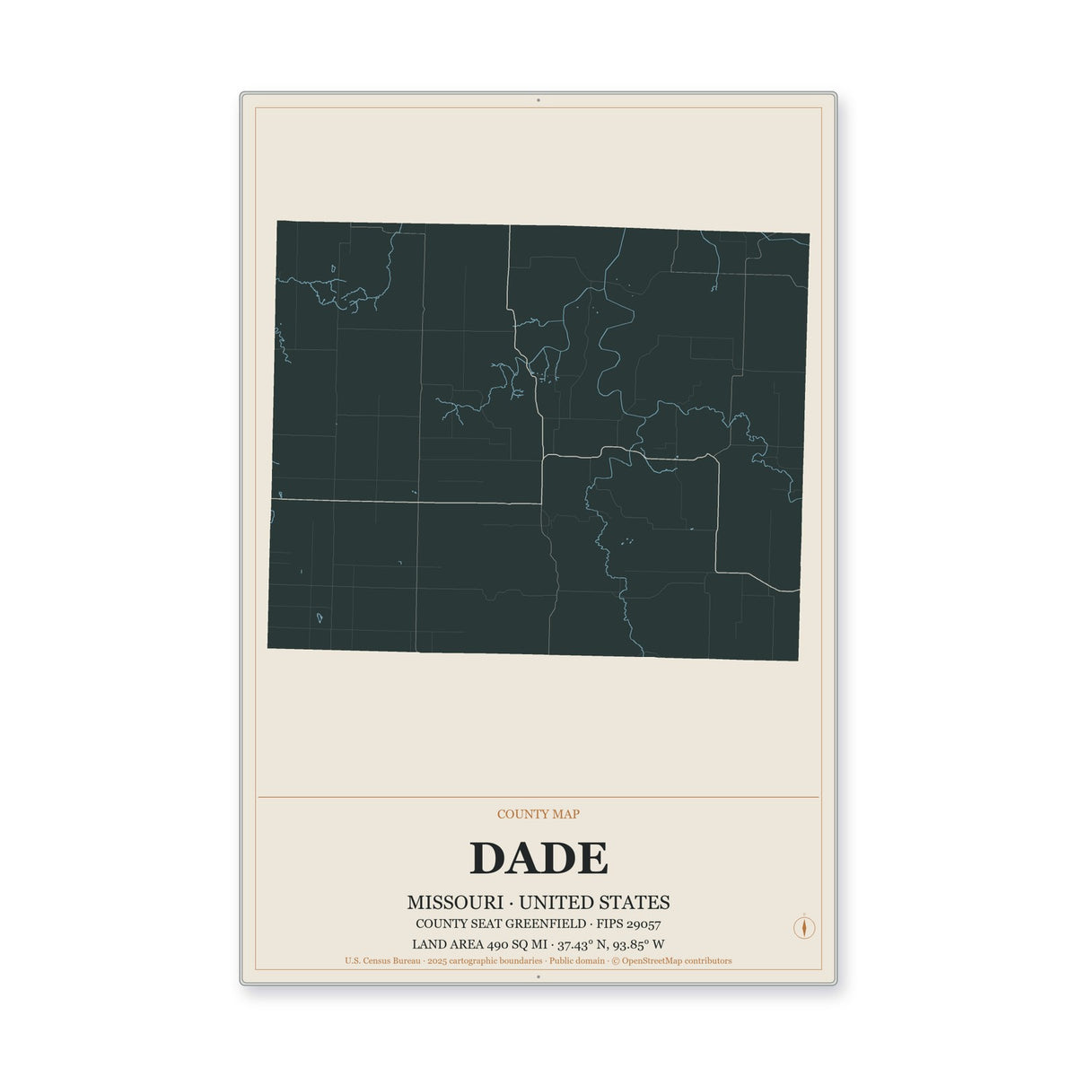 Dade County, Missouri Map Aluminum Sign in Headline Atlas style
