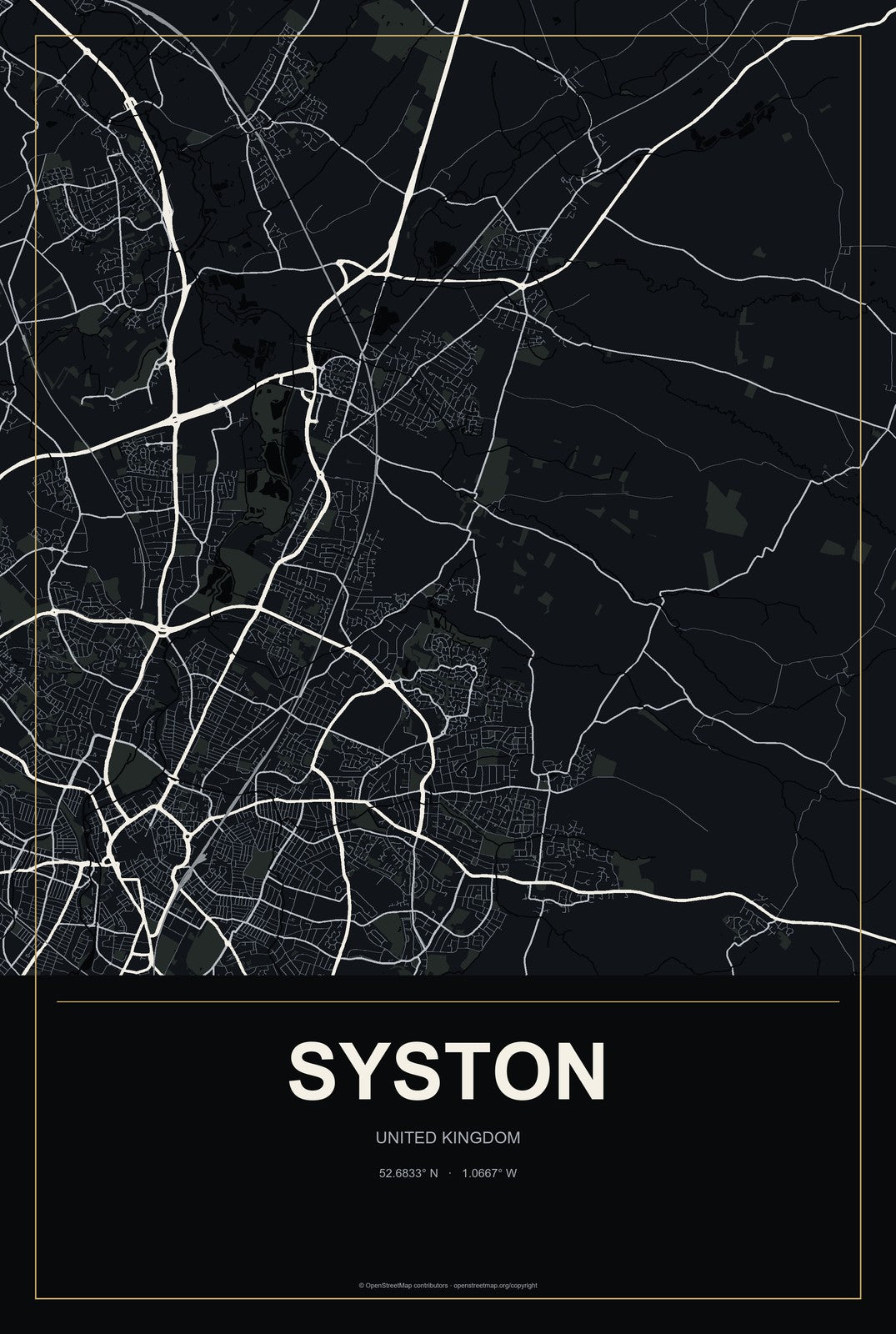 Syston, United Kingdom City Map Aluminum Sign in Metropolitan Noir style