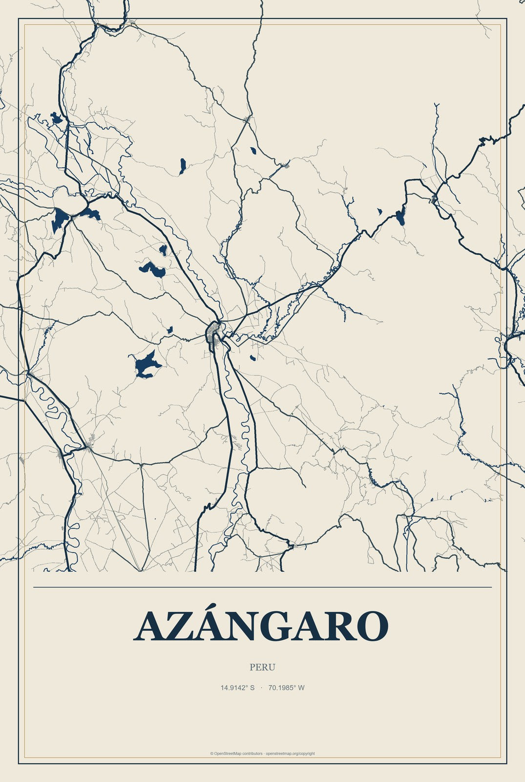 Azángaro, Peru City Map Aluminum Sign in Coastal Cutout style